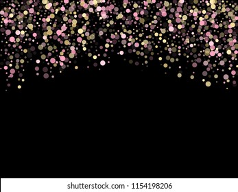 Pink gold confetti circle decoration for party poster background. Bokeh lights effect vector. Gold, pink and rose color round confetti dots, circles scatter on black. Fashionable bokeh background.