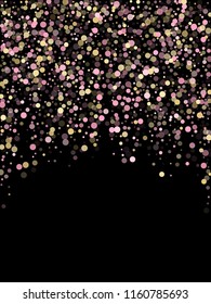 Pink gold confetti circle decoration for Christmas banner background. Bokeh lights effect vector. Gold, pink and rose color round confetti dots, circles scatter on black. Elegant bokeh background.