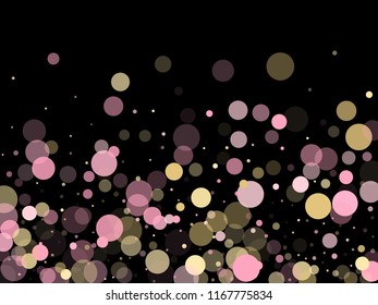 Pink gold confetti circle decoration for New Year card background. Bokeh lights effect vector. Gold, pink and rose color round confetti dots, circles scatter on black. Creative bokeh background.