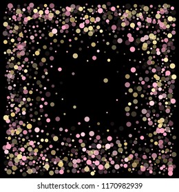 Pink gold confetti circle decoration for Christmas card background. Bokeh lights effect vector. Gold, pink and rose color round confetti dots, circles scatter on black. Festive bokeh background.