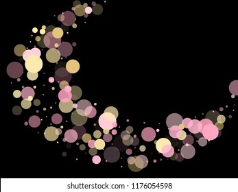 Pink gold confetti circle decoration for Christmas card background. Bokeh lights effect vector. Gold, pink and rose color round confetti dots, circles scatter on black. Trendy rich bokeh background.