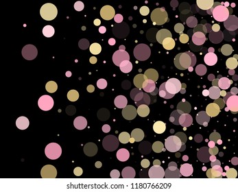 Pink gold confetti circle decoration for party poster background. Bokeh lights effect vector. Gold, pink and rose color round confetti dots, circles scatter on black. Glamourous bokeh background.