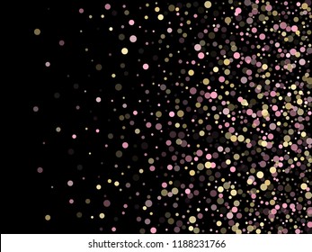 Pink gold confetti circle decoration for party invitation card. Bokeh lights effect vector. Gold, pink and rose color round confetti dots, circles scatter on black. Festive bokeh background.