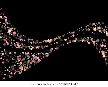 Pink gold confetti circle decoration for New Year banner background. Bokeh lights effect vector. Gold, pink and rose color round confetti dots, circles scatter on black. Beautiful bokeh background.