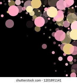 Pink gold confetti circle decoration for Christmas banner background. Bokeh lights effect vector. Gold, pink and rose color round confetti dots, circles scatter on black. Festive bokeh background.