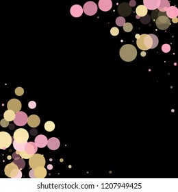 Pink gold confetti circle decoration for Christmas card background. Bokeh lights effect vector. Gold, pink and rose color round confetti dots, circles scatter on black. Minimal bokeh background.