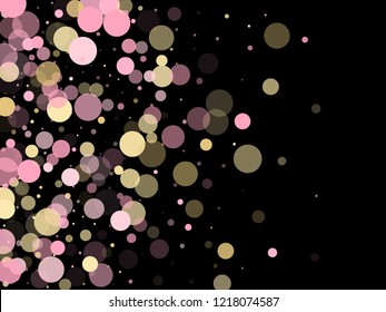 Pink gold confetti circle decoration for Christmas banner background. Bokeh lights effect vector. Gold, pink and rose color round confetti dots, circles scatter on black. Creative bokeh background.