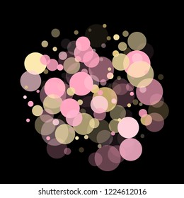 Pink gold confetti circle decoration for party banner background. Bokeh lights effect vector. Gold, pink and rose color round confetti dots, circles scatter on black. Simple bokeh background.