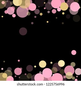 Pink gold confetti circle decoration for Christmas poster background. Bokeh lights effect vector. Gold, pink and rose color round confetti dots, circles scatter on black. Trendy rich bokeh background.