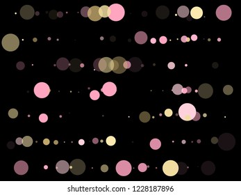 Pink gold confetti circle decoration for Christmas card. Bokeh lights effect vector. Gold, pink and rose color round confetti dots, circles scatter on black. Trendy airy bokeh background.