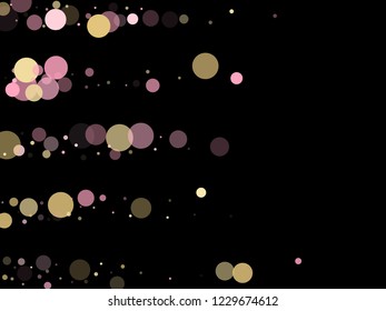 Pink gold confetti circle decoration for party invitation card. Bokeh lights effect vector. Gold, pink and rose color round confetti dots, circles scatter on black. Minimal bokeh background.