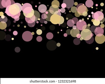 Pink gold confetti circle decoration for Christmas card. Bokeh lights effect vector. Gold, pink and rose color round confetti dots, circles scatter on black. Elegant bokeh background.