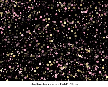 Pink gold confetti circle decoration for New Year poster background. Bokeh lights effect vector. Gold, pink and rose color round confetti dots, circles scatter on black. Festive bokeh background.