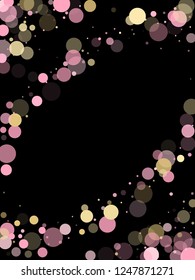 Pink gold confetti circle decoration for New Year card background. Bokeh lights effect vector. Gold, pink and rose color round confetti dots, circles scatter on black. Simple bokeh background.