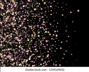 Pink gold confetti circle decoration for Christmas poster background. Bokeh lights effect vector. Gold, pink and rose color round confetti dots, circles scatter on black. Festive bokeh background.