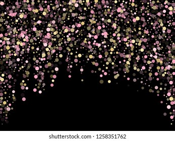 Pink gold confetti circle decoration for Christmas poster background. Bokeh lights effect vector. Gold, pink and rose color round confetti dots, circles scatter on black. Elegant bokeh background.