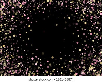 Pink gold confetti circle decoration for Christmas banner background. Bokeh lights effect vector. Gold, pink and rose color round confetti dots, circles scatter on black. Minimal bokeh background.