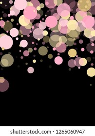 Pink gold confetti circle decoration for Christmas banner background. Bokeh lights effect vector. Gold, pink and rose color round confetti dots, circles scatter on black. Creative bokeh background.