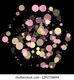 Pink gold confetti circle decoration for party invitation card. Bokeh lights effect vector. Gold, pink and rose color round confetti dots, circles scatter on black. Trendy airy bokeh background.