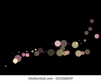 Pink gold confetti circle decoration for Christmas banner background. Bokeh lights effect vector. Gold, pink and rose color round confetti dots, circles scatter on black. Minimal bokeh background.