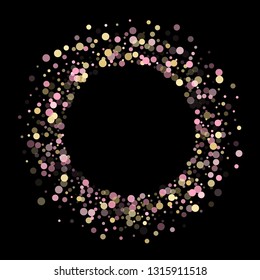 Pink gold confetti circle decoration for party banner background. Bokeh lights effect vector. Gold, pink and rose color round confetti dots, circles scatter on black. Minimal bokeh background.