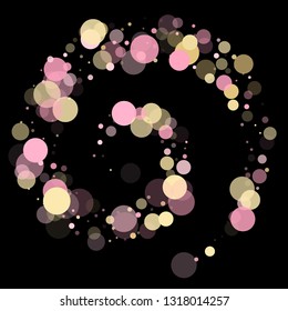 Pink gold confetti circle decoration for New Year banner background. Bokeh lights effect vector. Gold, pink and rose color round confetti dots, circles scatter on black. Elegant bokeh background.