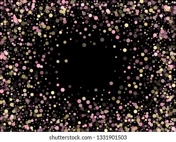 Pink gold confetti circle decoration for New Year card background. Bokeh lights effect vector. Gold, pink and rose color round confetti dots, circles scatter on black. Glamour bokeh background.