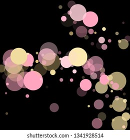 Pink gold confetti circle decoration for New Year poster background. Bokeh lights effect vector. Gold, pink and rose color round confetti dots, circles scatter on black. Simple bokeh background.