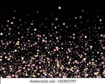 Pink gold confetti circle decoration for New Year poster background. Bokeh lights effect vector. Gold, pink and rose color round confetti dots, circles scatter on black. Beautiful bokeh background.