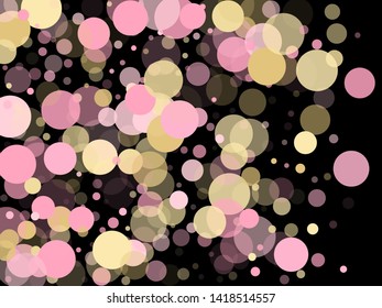 Pink gold confetti circle decoration for New Year poster background. Bokeh lights effect vector. Gold, pink and rose color round confetti dots, circles scatter on black. Glamour bokeh background.