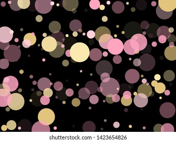 Pink gold confetti circle decoration for New Year card background. Bokeh lights effect vector. Gold, pink and rose color round confetti dots, circles scatter on black. Creative bokeh background.
