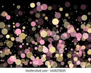 Pink gold confetti circle decoration for New Year card background. Bokeh lights effect vector. Gold, pink and rose color round confetti dots, circles scatter on black. Festive bokeh background.