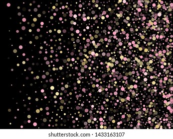 Pink gold confetti circle decoration for Christmas banner background. Bokeh lights effect vector. Gold, pink and rose color round confetti dots, circles scatter on black. Beautiful bokeh background.