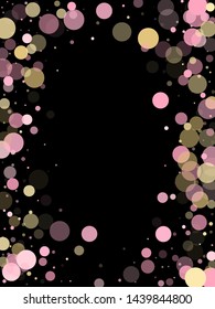 Pink gold confetti circle decoration for Christmas card background. Bokeh lights effect vector. Gold, pink and rose color round confetti dots, circles scatter on black. Glamour bokeh background.