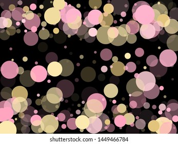 Pink gold confetti circle decoration for New Year banner background. Bokeh lights effect vector. Gold, pink and rose color round confetti dots, circles scatter on black. Beautiful bokeh background.