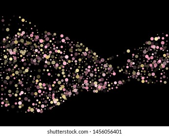 Pink gold confetti circle decoration for New Year banner background. Bokeh lights effect vector. Gold, pink and rose color round confetti dots, circles scatter on black. Decorative bokeh background.