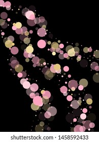 Pink gold confetti circle decoration for New Year poster background. Bokeh lights effect vector. Gold, pink and rose color round confetti dots, circles scatter on black. Beautiful bokeh background.