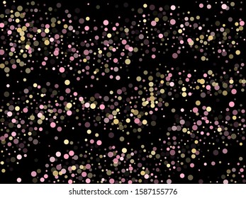 Pink gold confetti circle decoration for New Year banner background. Bokeh lights effect vector. Gold, pink and rose color round confetti dots, circles scatter on black. Fashionable bokeh background.