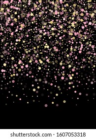 Pink gold confetti circle decoration for New Year banner background. Bokeh lights effect vector. Gold, pink and rose color round confetti dots, circles scatter on black. Simple bokeh background.