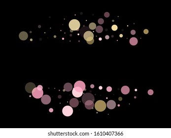 Pink gold confetti circle decoration for New Year card background. Bokeh lights effect vector. Gold, pink and rose color round confetti dots, circles scatter on black. Creative bokeh background.