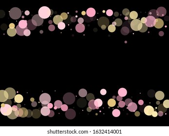 Pink gold confetti circle decoration for New Year banner background. Bokeh lights effect vector. Gold, pink and rose color round confetti dots, circles scatter on black. Festive bokeh background.