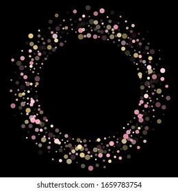 Pink gold confetti circle decoration for party poster background. Bokeh lights effect vector. Gold, pink and rose color round confetti dots, circles scatter on black. Glamour bokeh background.