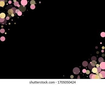 Pink gold confetti circle decoration for party poster background. Bokeh lights effect vector. Gold, pink and rose color round confetti dots, circles scatter on black. Trendy rich bokeh background.