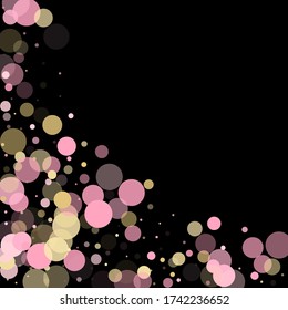 Pink gold confetti circle decoration for New Year poster background. Bokeh lights effect vector. Gold, pink and rose color round confetti dots, circles scatter on black. Festive bokeh background.