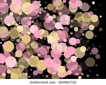 Pink gold confetti circle decoration for New Year banner background. Bokeh lights effect vector. Gold, pink and rose color round confetti dots, circles scatter on black. Creative bokeh background.