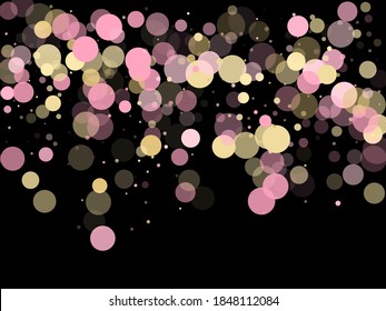 Pink gold confetti circle decoration for New Year poster background. Bokeh lights effect vector. Gold, pink and rose color round confetti dots, circles scatter on black. Minimal bokeh background.