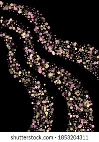 Pink gold confetti circle decoration for party poster background. Bokeh lights effect vector. Gold, pink and rose color round confetti dots, circles scatter on black. Elegant bokeh background.