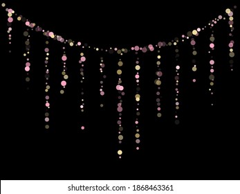 Pink gold confetti circle decoration for Christmas banner background. Bokeh lights effect vector. Gold, pink and rose color round confetti dots, circles scatter on black. Beautiful bokeh background.