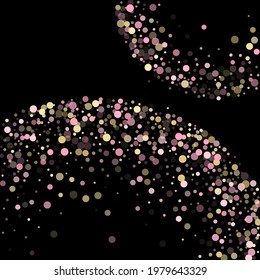 Pink gold confetti circle decoration for party invitation card. Bokeh lights effect vector. Gold, pink and rose color round confetti dots, circles scatter on black. Creative bokeh background.