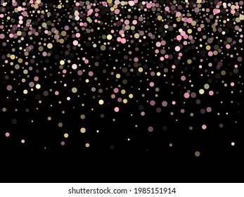 Pink gold confetti circle decoration for Christmas poster background. Bokeh lights effect vector. Gold, pink and rose color round confetti dots, circles scatter on black. Fashionable bokeh background.